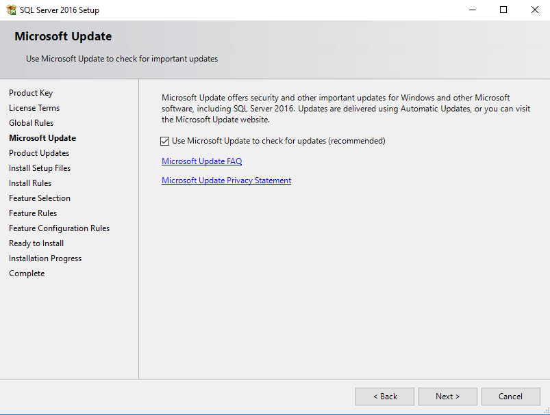 SQL Server installatie update optie