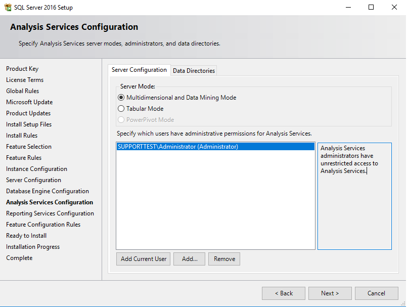 Microsoft SQL Server Analysis services. Install Server 2019 Analysis services configuration.