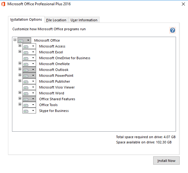 Office 2016 installatie opties