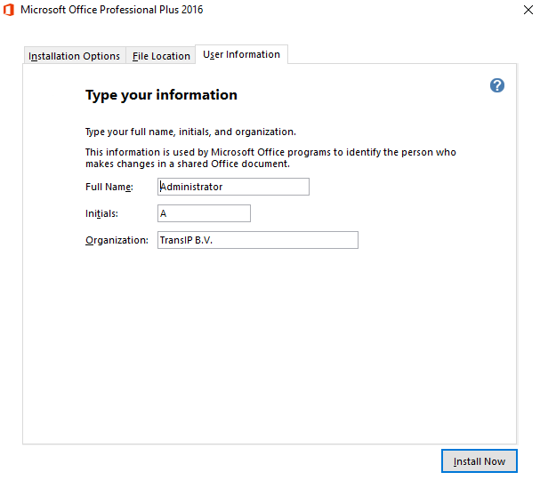 Office 2016 Installation user information