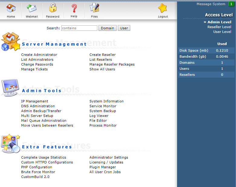 DirectAdmin admin level