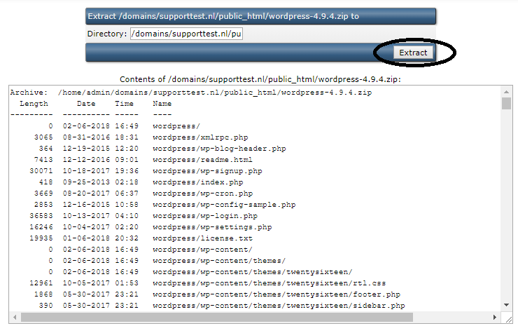 DirectAdmin extract zip contents