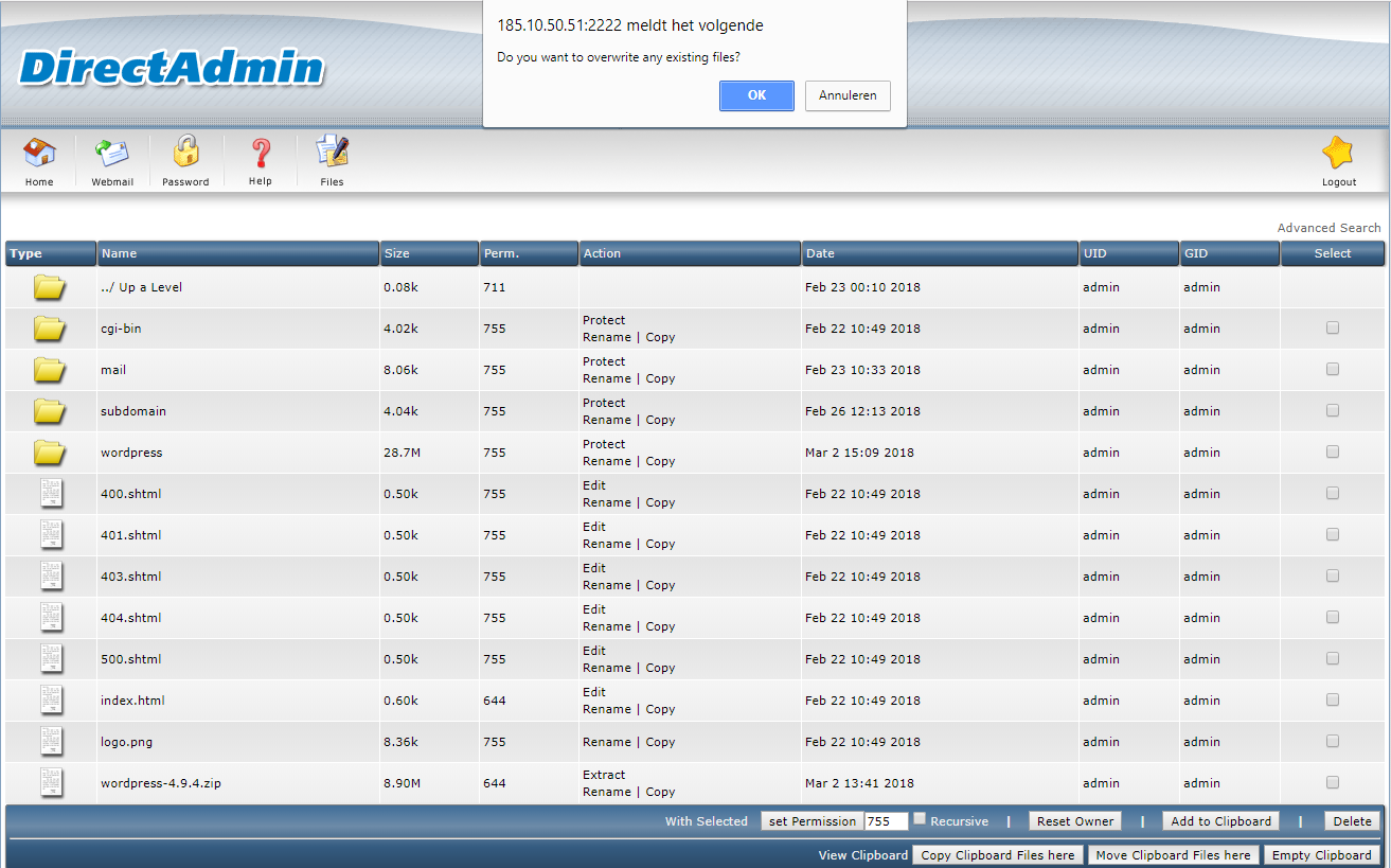 DirectAdmin file manager move files