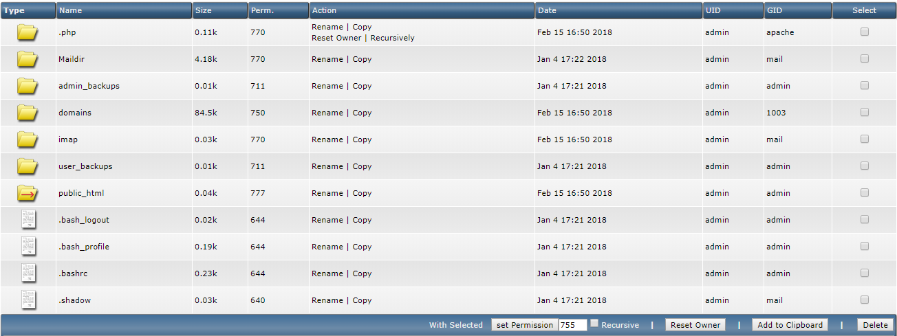 DirectAdmin files folders