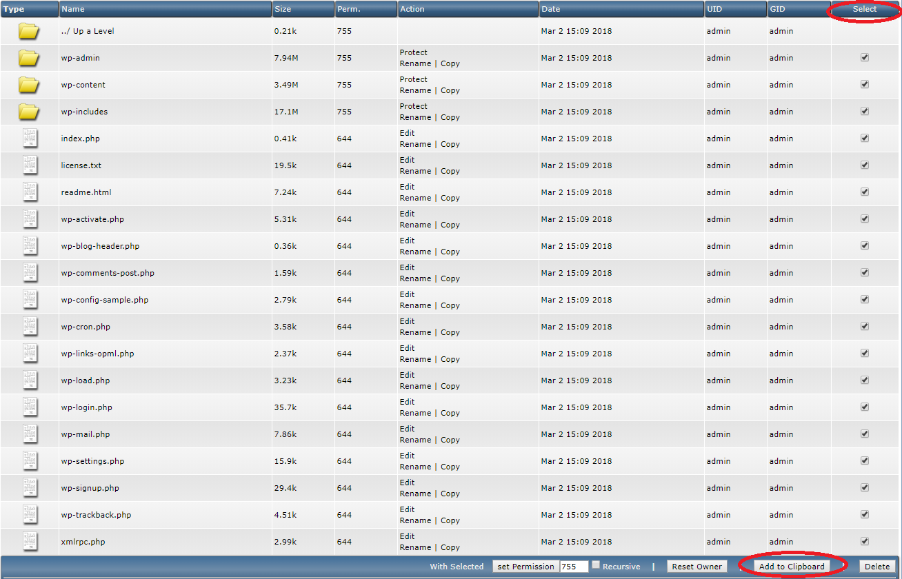 DirectAdmin select multiple files