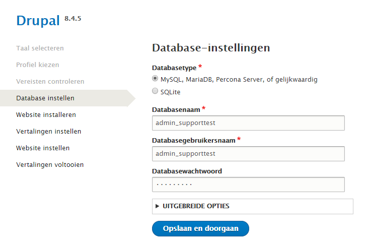 Drupal database instellingen