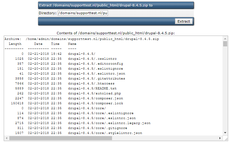 DirectAdmin extracted Drupal zip contents