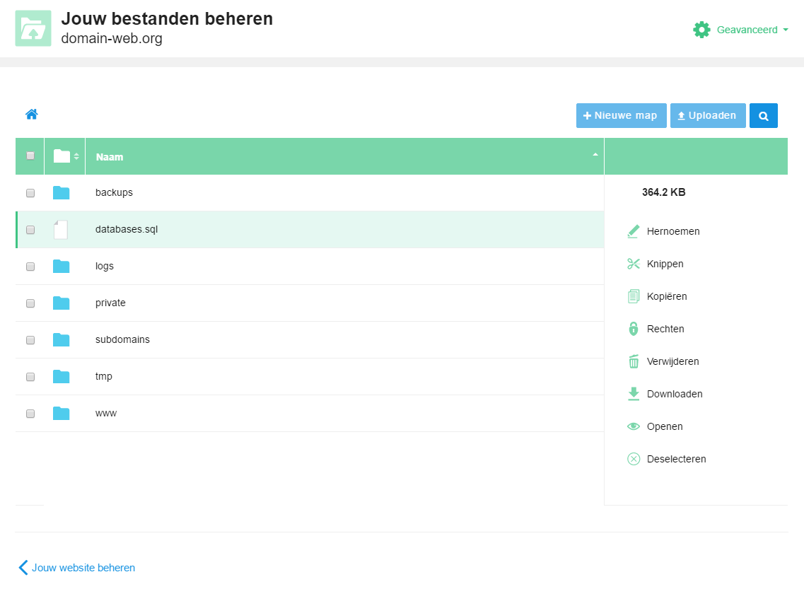 De verschillende opties in SFTP Bestandsbeheer