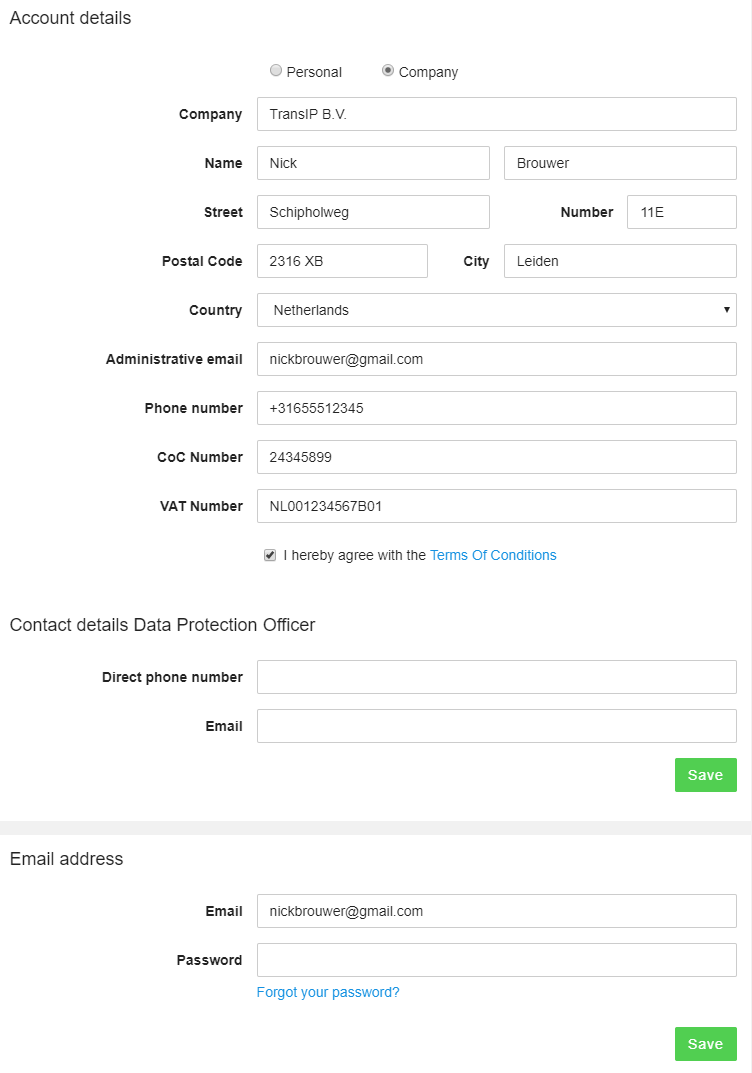 Change contact information for company account