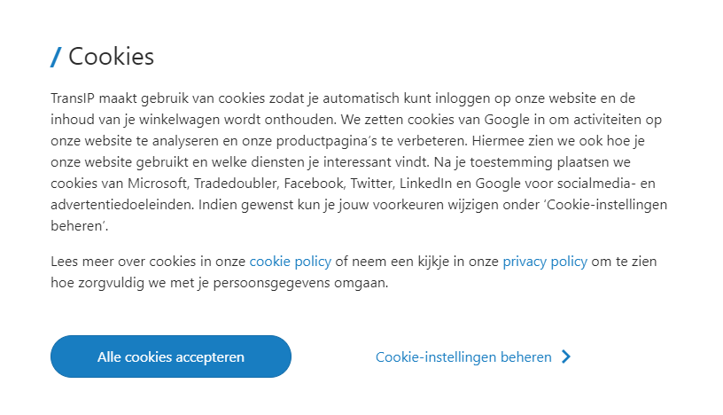 De cookie-bar op de homepage