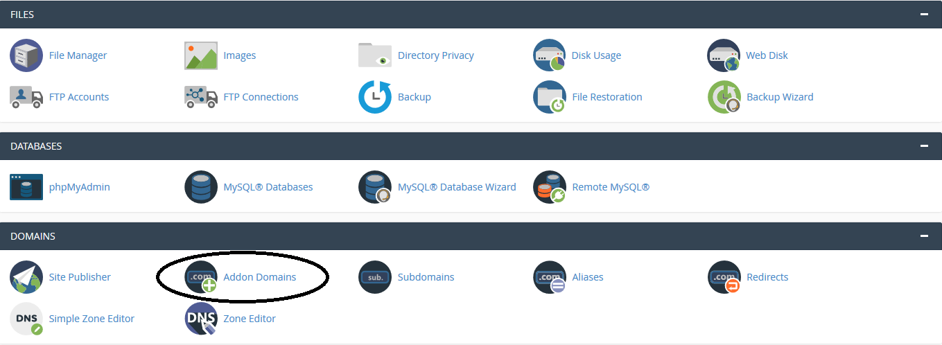 cpanel addon domains button