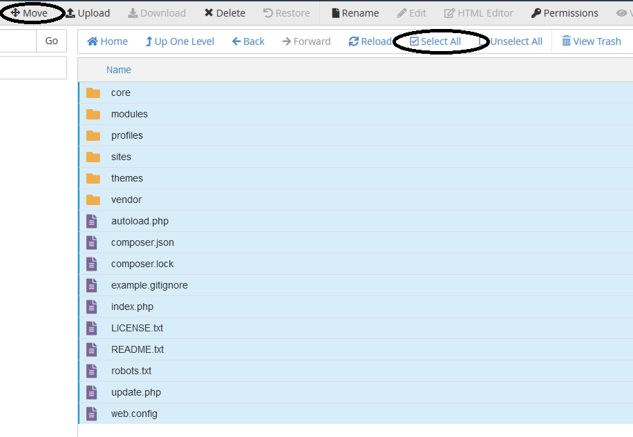 cpanel file manager drupal folder contents