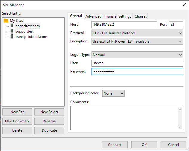 FileZilla site manager