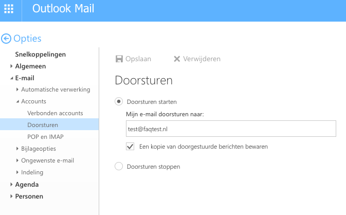 afbeelding van de ingestelde Outlook doorstuur instellingen