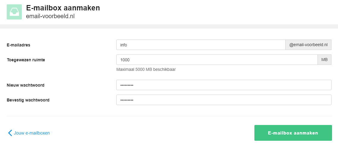 Vul je gegevens in en klik op 'E-mailbox aanmaken'