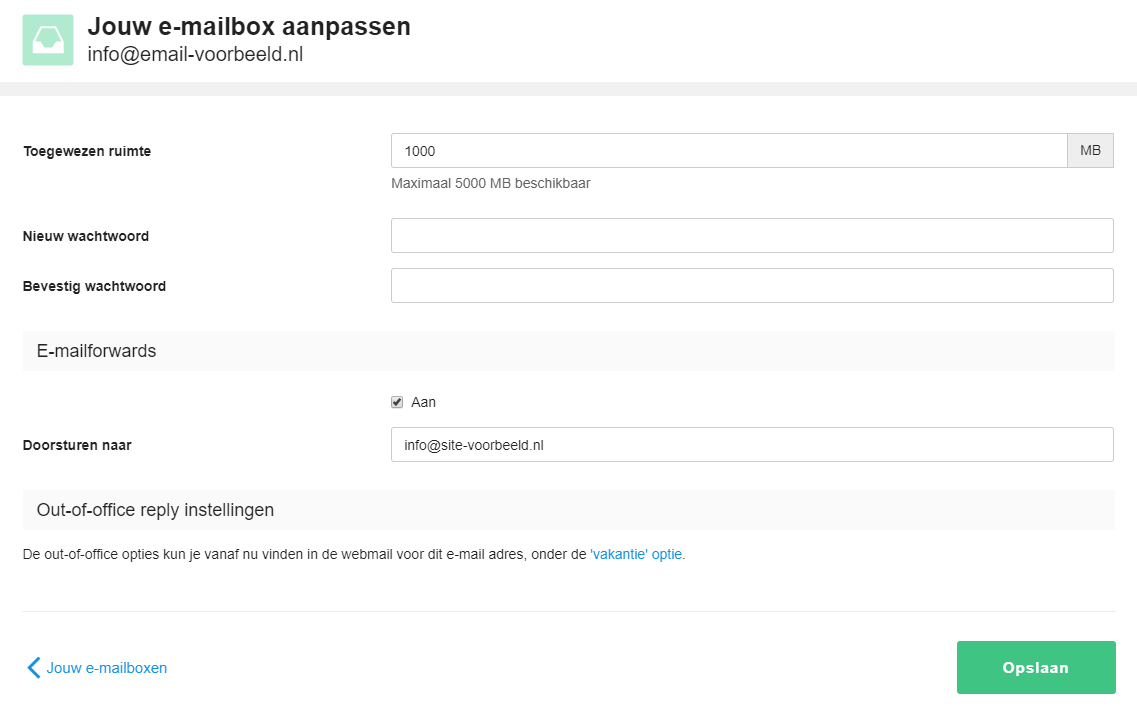 Vink de forward aan en geef de e-mailforward op