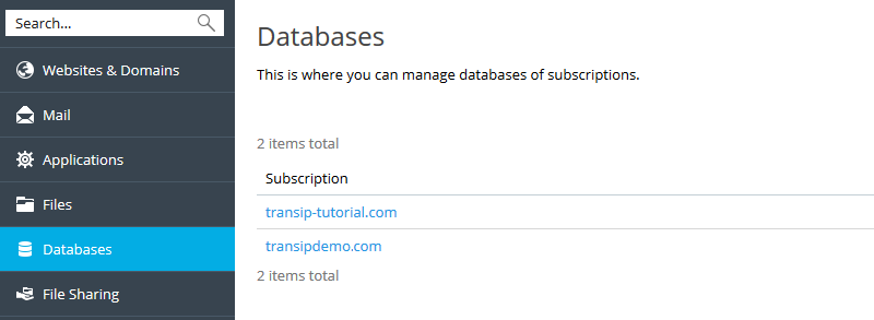 plesk databases select domain