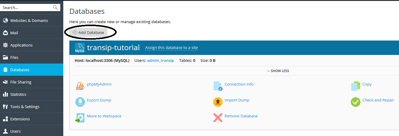 plesk create database