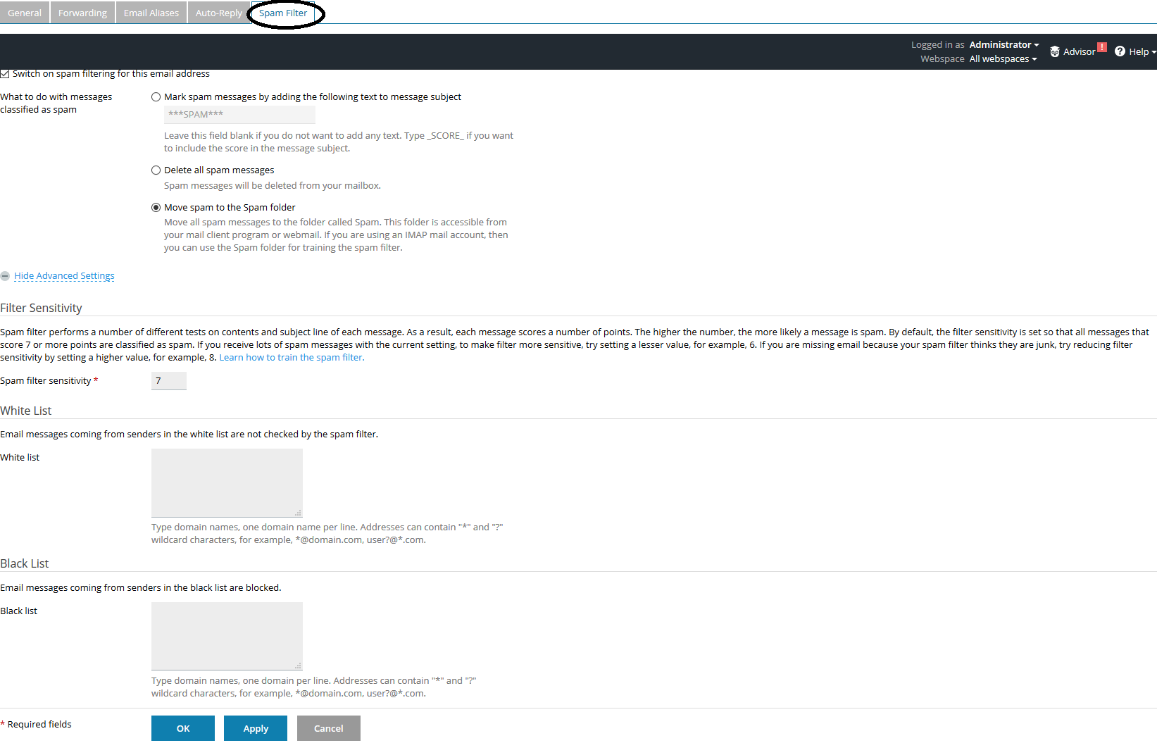 plesk mail address spam filter settings
