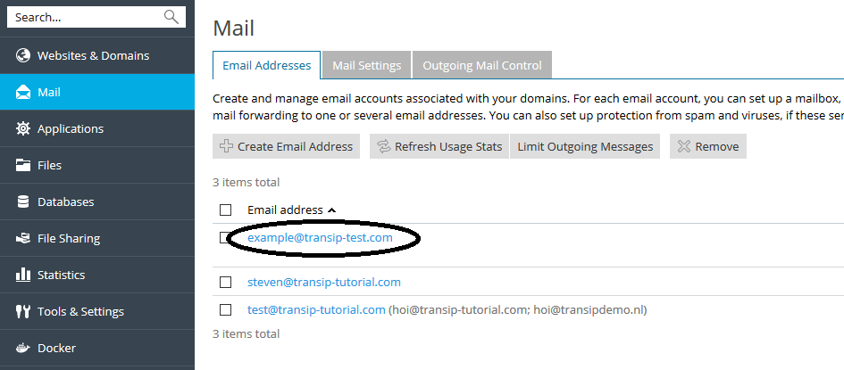 Plesk mail select mail address