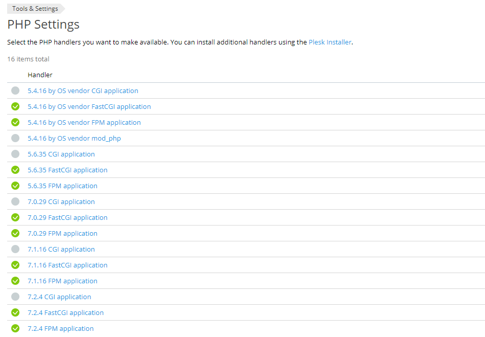 plesk php settings handlers overview