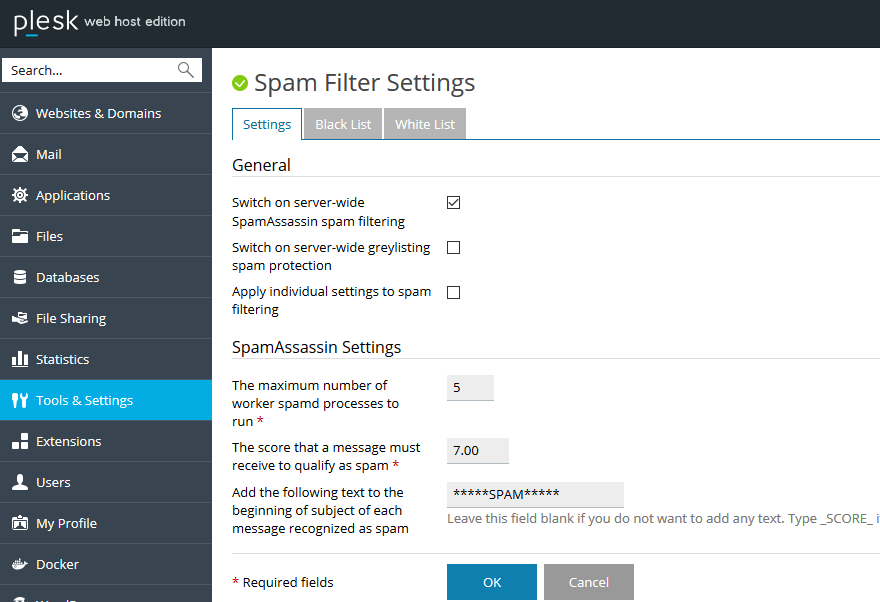 plesk spam filter settings