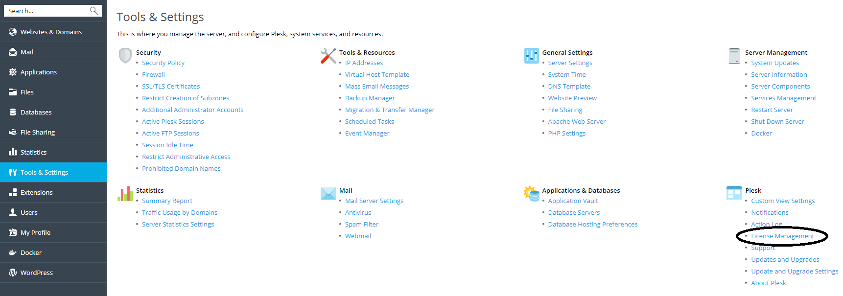 plesk tools and settings license management