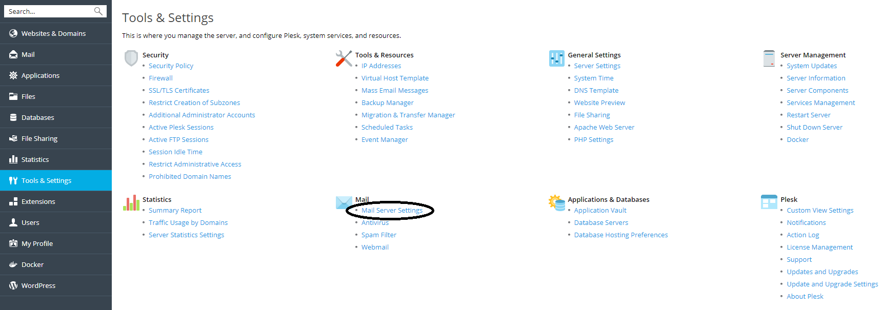 plesk tools and settings mail server settings