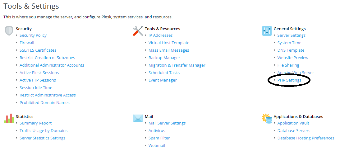 plesk tools and settings php settings