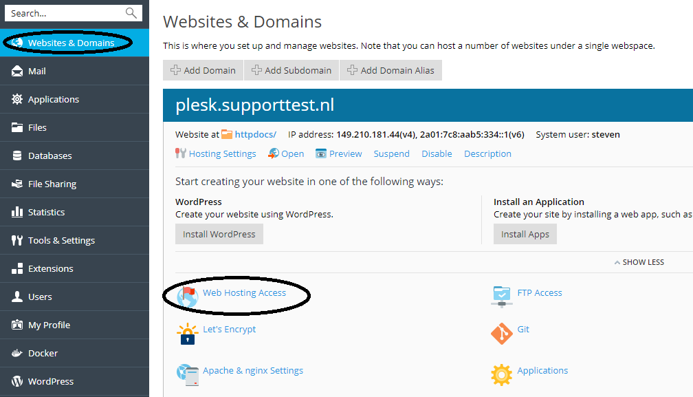 plesk webhosting and domains - webhosting access 