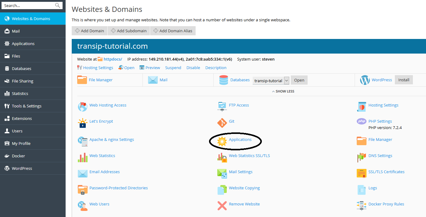 plesk websites and domains applications