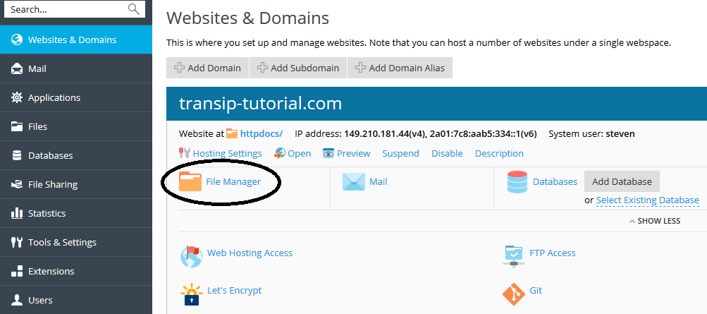 Plesk websites and domains file manager