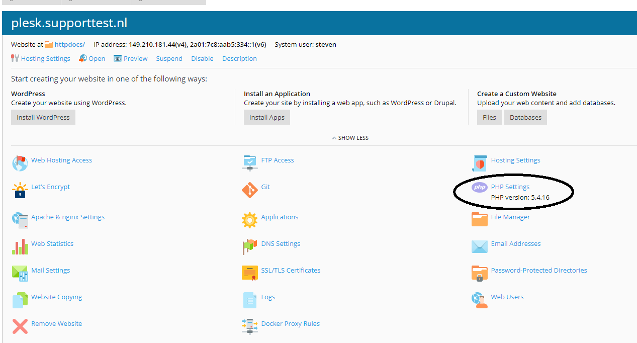 Plesk websites & domains php settings