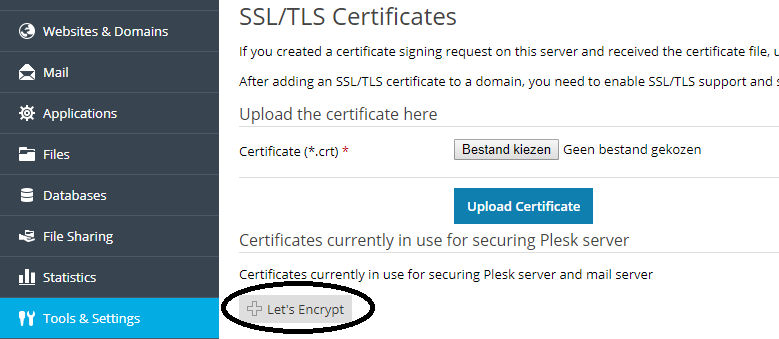 Plesk Let's Encrypt certificaat toevoegen