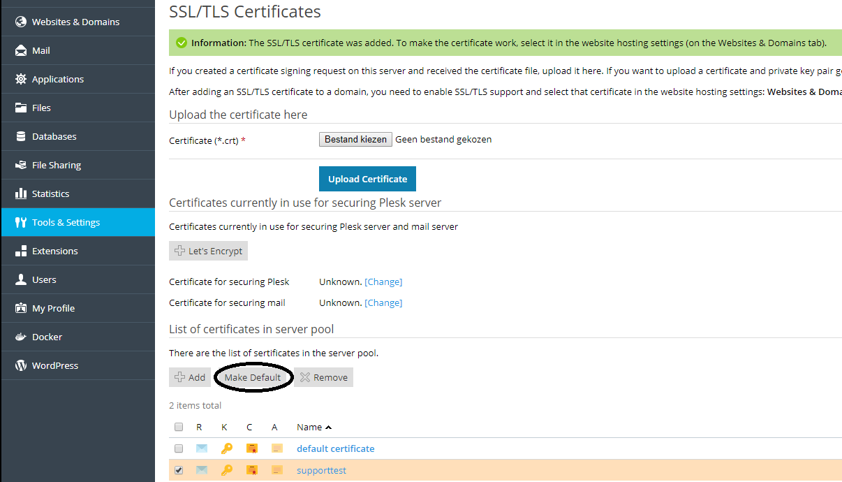 Plesk SSL make new certificate the default