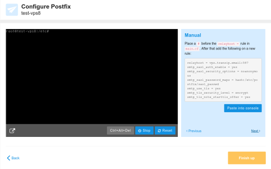 VPS console with mailservice instruction