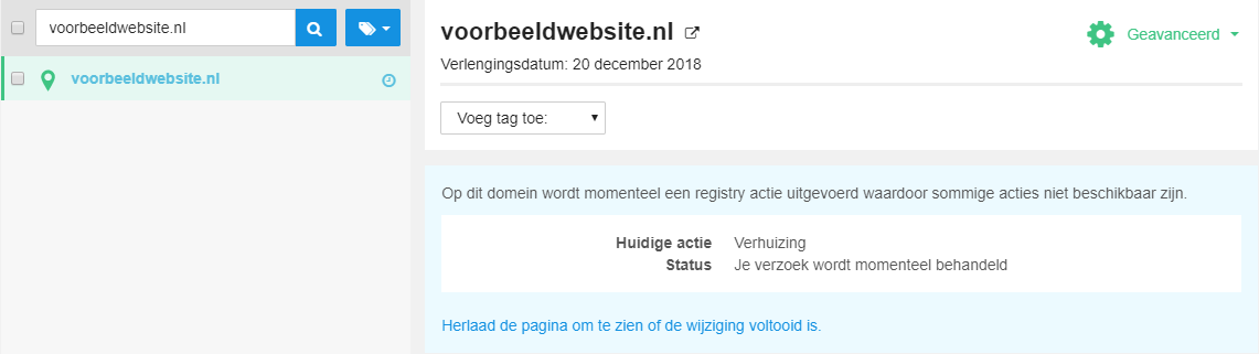 De verhuizing voor je domein is aangevraagd
