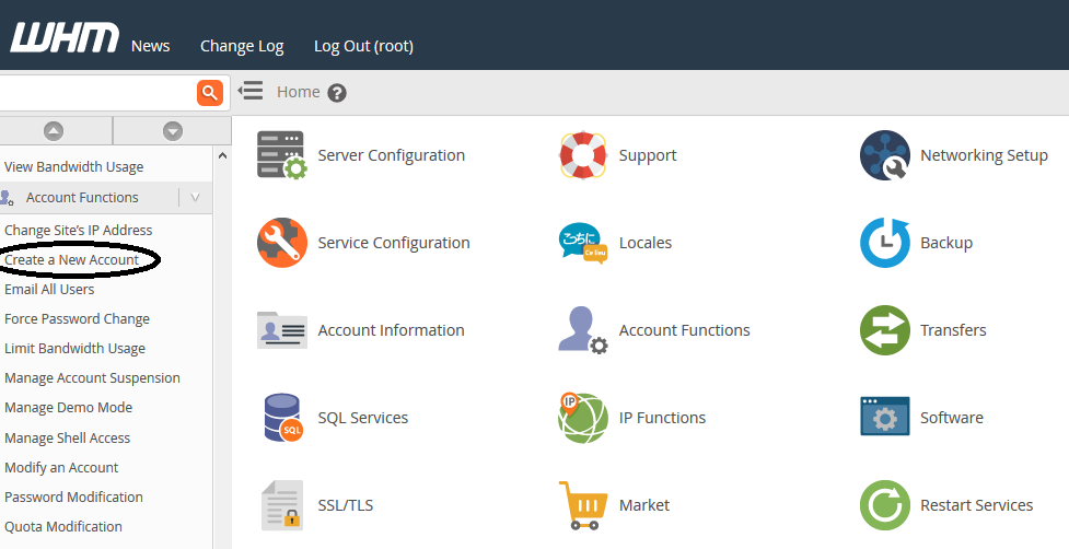 whm account functions create a new account