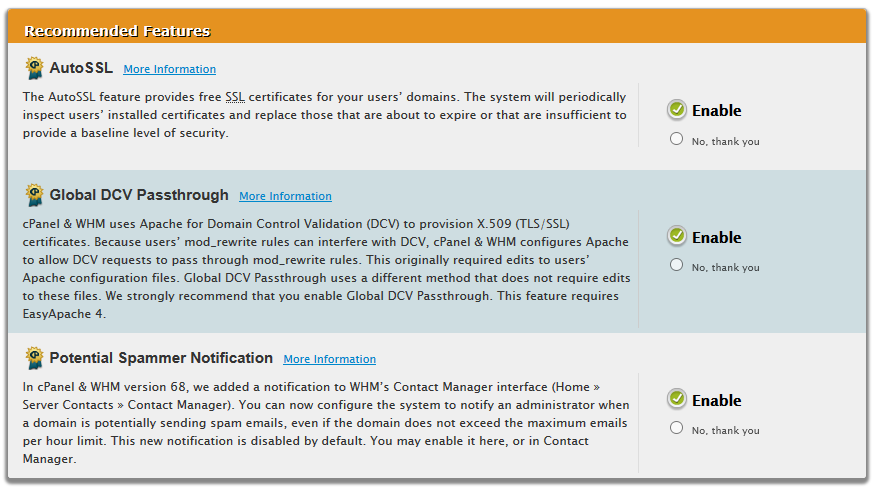 whm recommended features