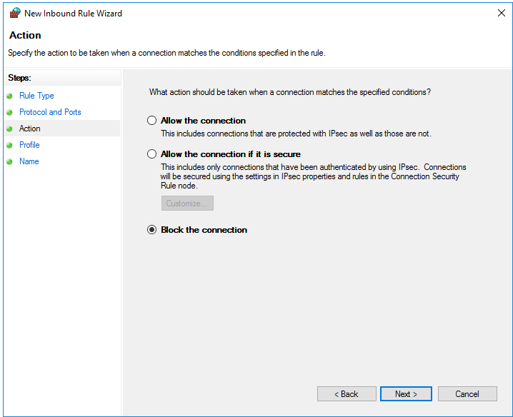 windows firewall action