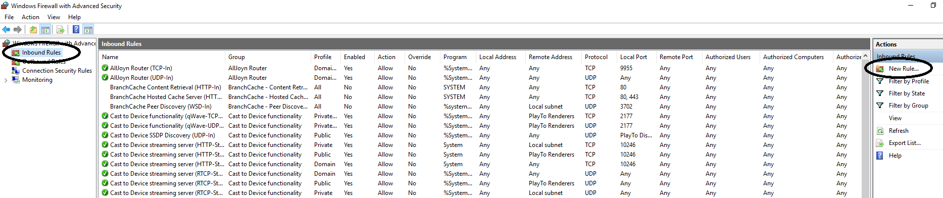 windows firewall inbound new rule