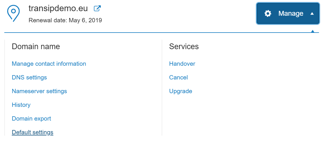 The default domain settings | TransIP