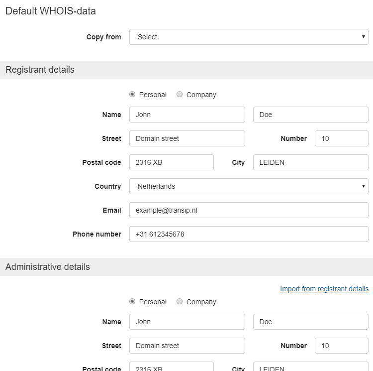 Your default WHOIS data