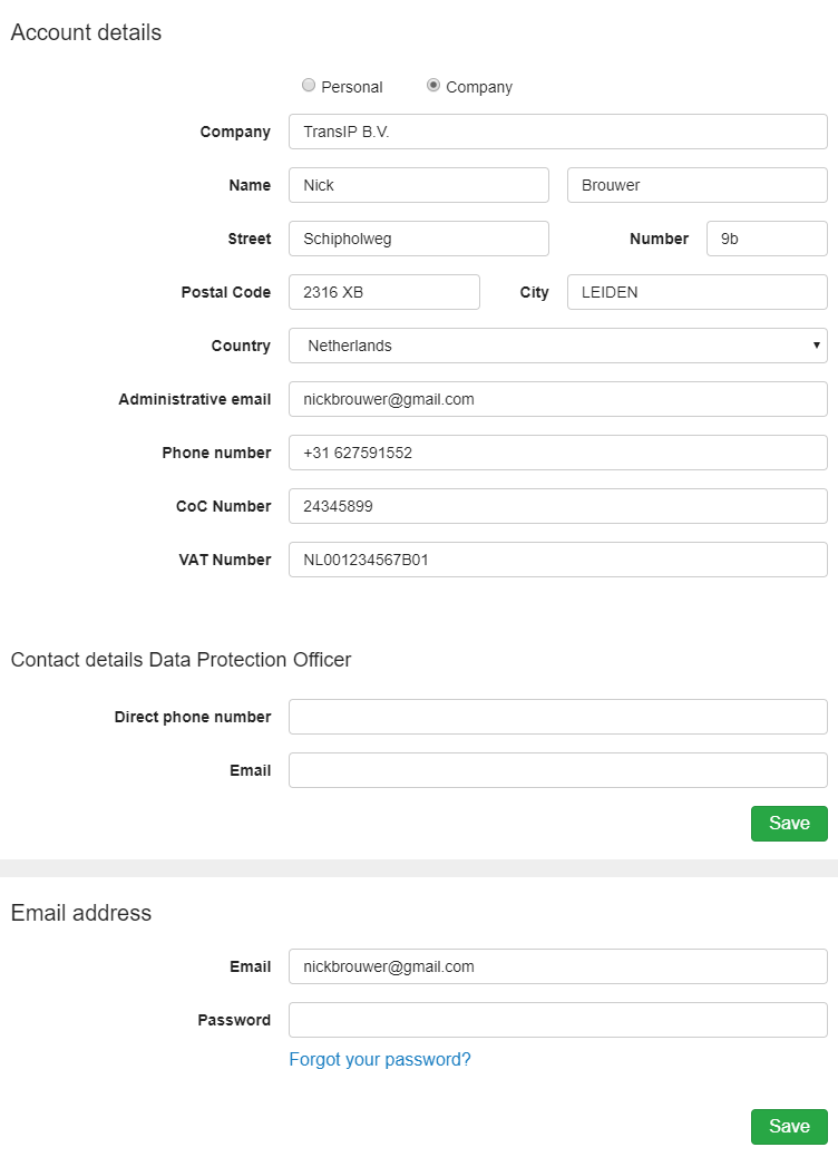 Change contact information for company account