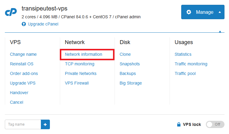 control panel vps manage network information