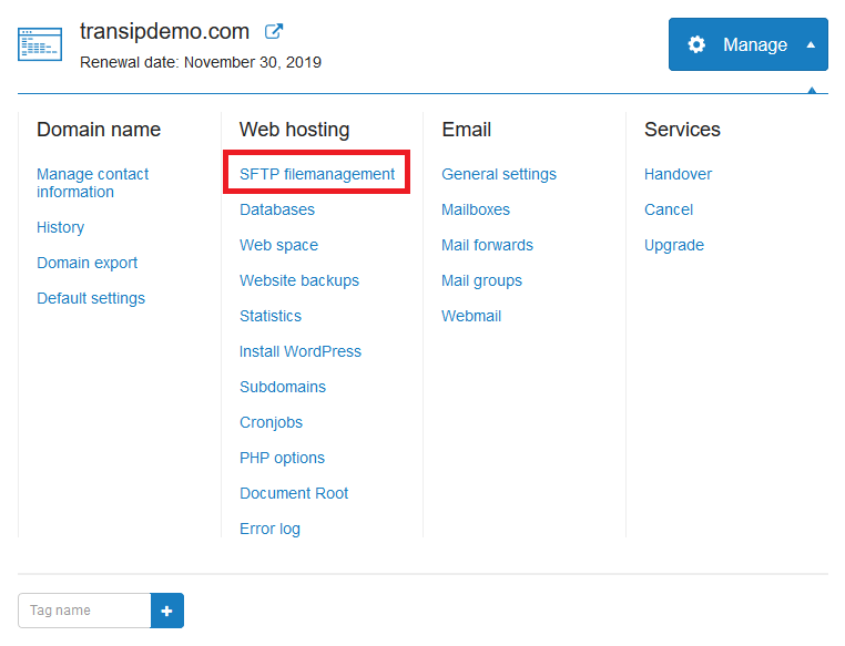 cp manage website - sftp management