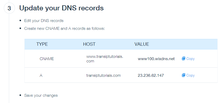 copy wix DNS records