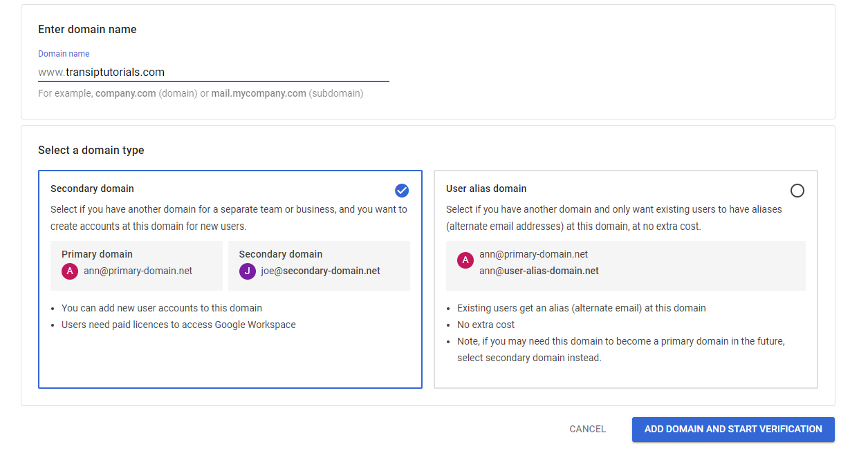 enter the domain name and confirm that you want to start the verification