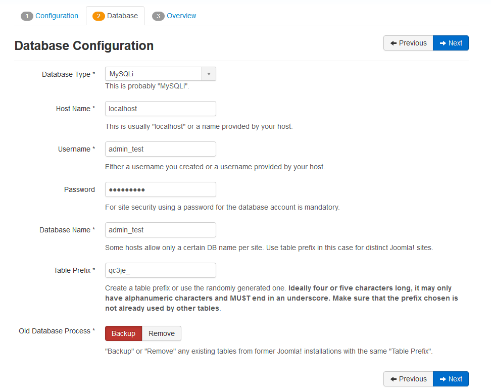 joomla wizard database configuration