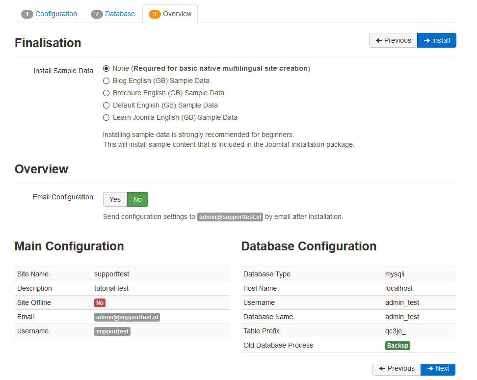 joomla installation finished